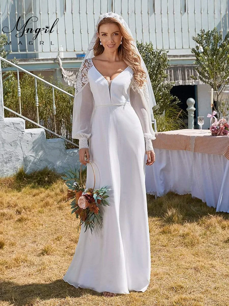 

MNGRL Retro Simple Wedding Dress White Chiffon V-neck 3D Flower Bridal Dresses Long Sleeve Plus Size Wedding Gown