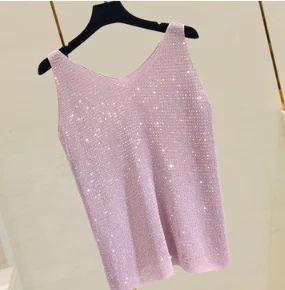 

Summer Tank Top for Women Heavy Industry Rhinestones Thin Knitted Strap Shirt Sleeveless Outer Wear Ladies Tank Tops Ropa Mujer