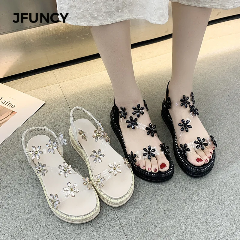 

JFUNCY Summer Women Sandals Transparent Flowers Thick Bottom Female Shoes Retro Rome Shoe Fashion Personality Women's Sandal