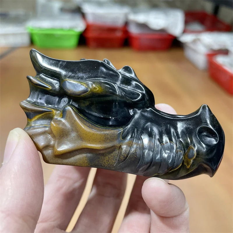 

Natural Blue Tiger Eyes Crystal Handmade Carved Dragon Head Skull Polished Powerful Statue for Home Decoration Gift