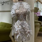 Роскошные блестящие бриллиантовые мини-платья с перьями, коктейльные платья с высоким воротником и длинными рукавами, сексуальное прозрачное вечернее Вечерние