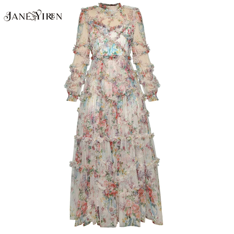 Jianyiren Fashion Designer dress Spring Women's Dress Lantern Sleeve Mesh Print Cascading Ruffle Vacation Ball Gown Dresses