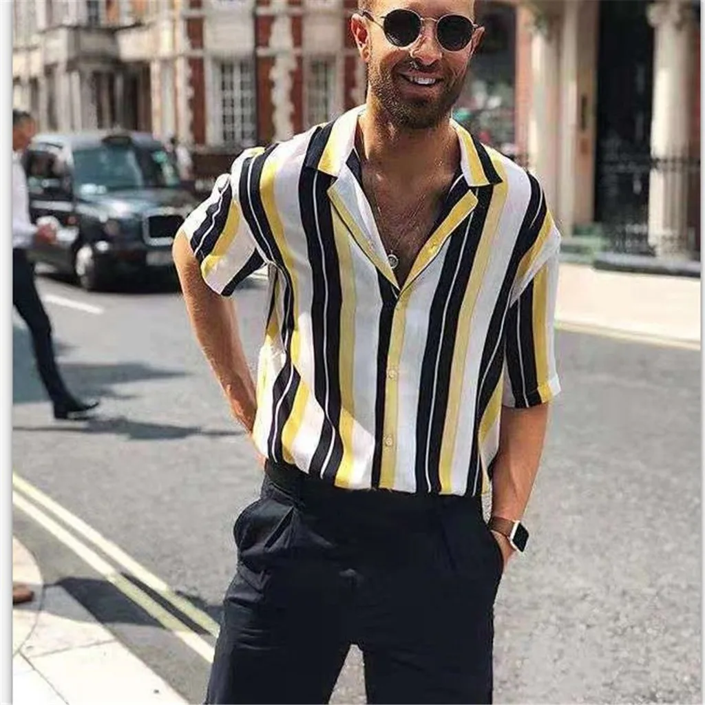

Men Summer Fashion Shirts Casual Striped Shirts Harajuku Casual Short-Sleeve Top Blouse Slim Fit Shirt m807