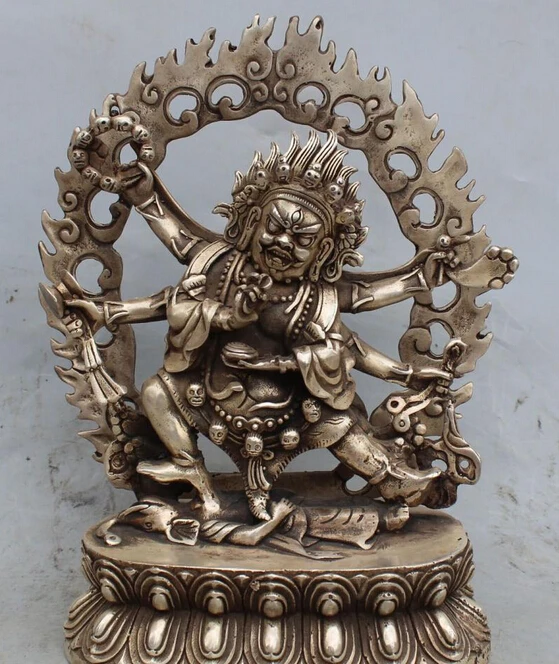 

8" CHINESE TIBET TIBETAN BUDDHISM SILVER 6 ARMS WHITE MAHAKALA BUDDHA STATUE S0706 (B0328)