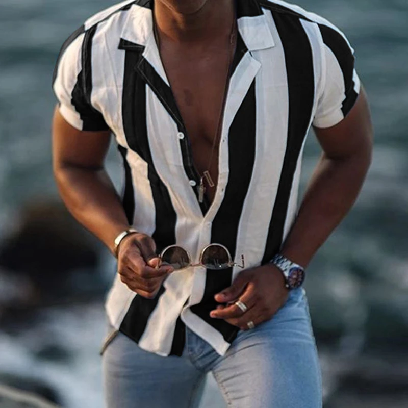 

New Spring Striped Print Short Sleeve Shirts For Men Summer Casual Single Breasted Button Shirt Street Turn-down Collar Male Top