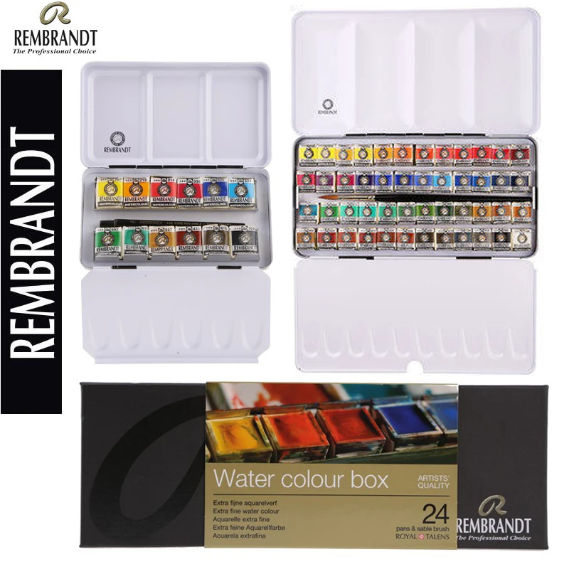 REMBRANDT Artist Solid Watercolor Paint Set 48/36/24/12 Color Portable Metal Box Paint Brush Sketch Creation Drawing Supplies