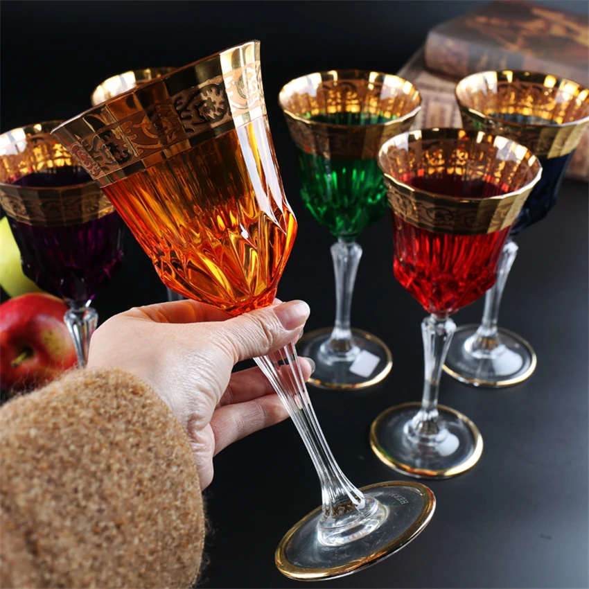 Luxury Crystal Goblet 24K Gold Champagne Glasses Flute Glass Cup Red Wine Glasses Colorful Vodka Cups Bar Hotel Party Drinkware