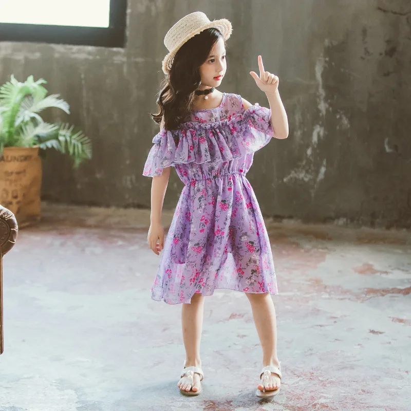 Baby Girl White Pink Purple Ruffles Drawstring Clothes Children Floral Chiffon Sleeveless Dresses Kids Clothing Bow Beach Dress | Детская