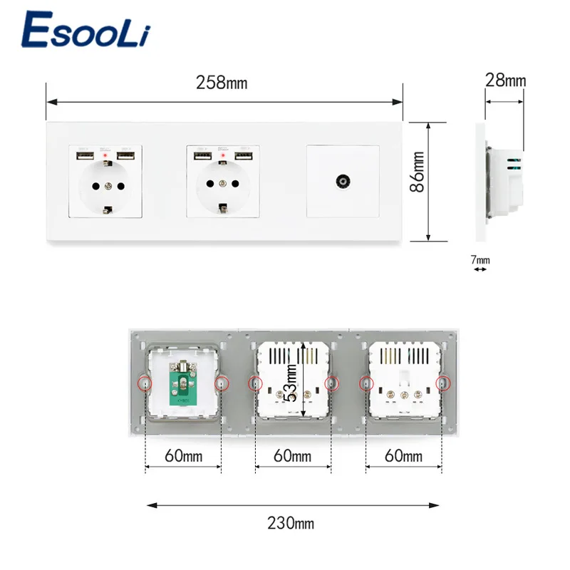 ESOOLI Кристалл Закаленное стекло двойной ЕС стандартный разъем с 4 USB порт для