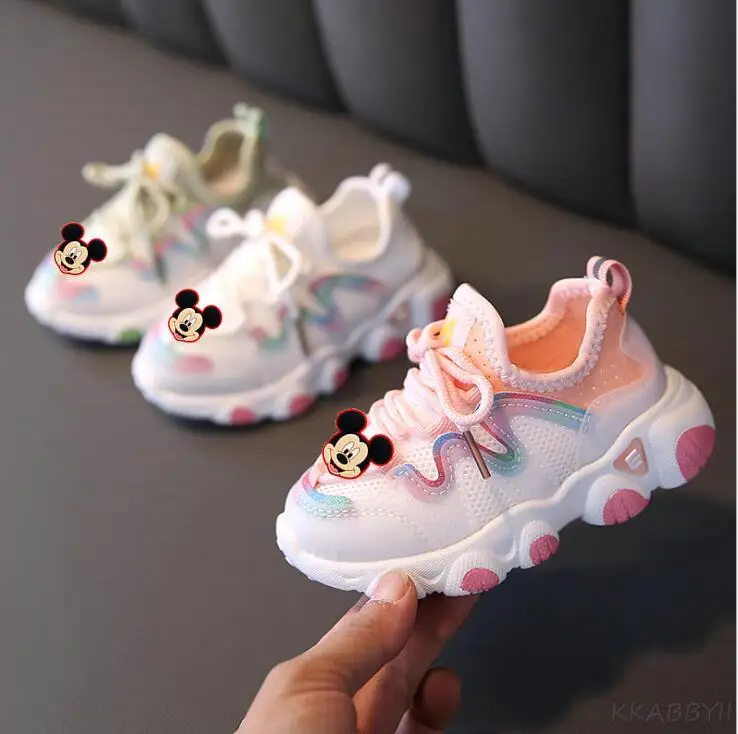 Кроссовки детские осенние белые сетчатые с Микки и Минни Маус | Детская одежда