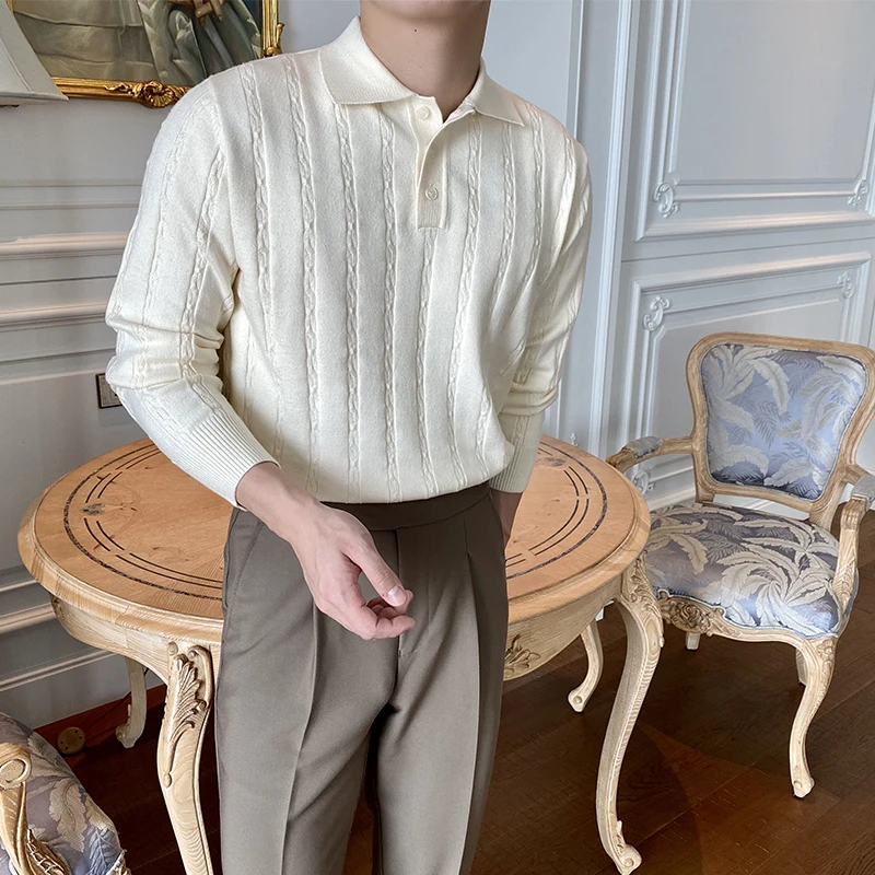 

2022 Autumn Winter Turn Down Collar Sweater Men Clothing Fashion Solid Long Sleeve Knitted Pullovers Slim Casual Pull Homme K22