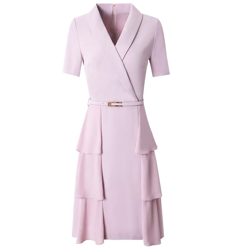 

2021 Ruffle New dresses Short sleeve summer casual Women Holiday Solid party Dress Vintage ladies Sexy office work V-Neck dress