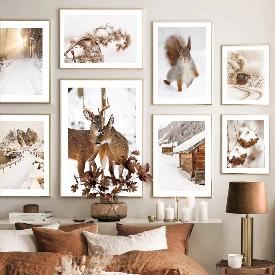 

Winter Scene Deer Mountain Steam Train Forest Plant Nordic Style Wall Art Canvas Painting Posters and Prints Living Room Decor