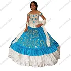 Мексиканское белое и синее бальное платье с открытыми плечами, золотая вышивка, бальное платье Quinceanera, вечерние платья больших размеров с рукавами, Милые 15