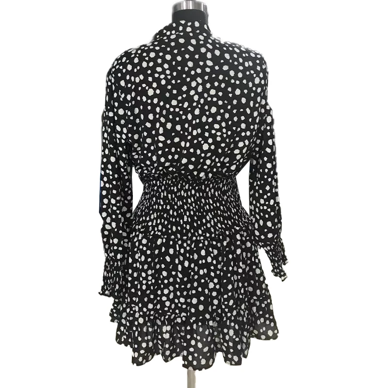 

Autumn Polka Dot Patchwork Dress Women Long Sleeve Slim A-Line Dress Female Single-Breasted Ruffle Hem Dress Midi Party Vestidos