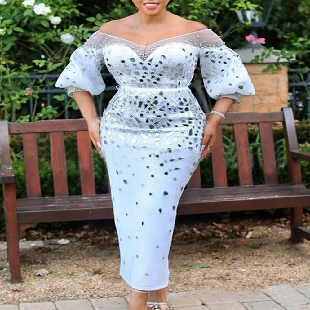 

Autumn New 2021 Fashion Temperament Graceful Womens Dress Solid Color High Waist Beading One Shoulder Long Ladies Dress