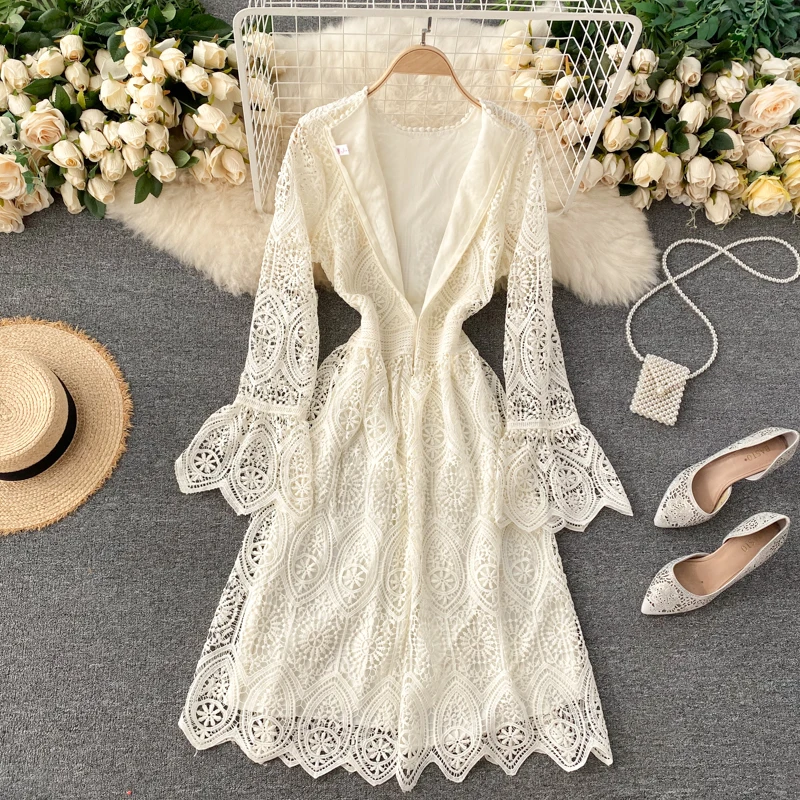 

Autumn Winter Pink/White/Beige Hollow Out Party Dress Women Vintage Robe O-Neck Flare Long Sleeve High Waist Vestidos 2021 New