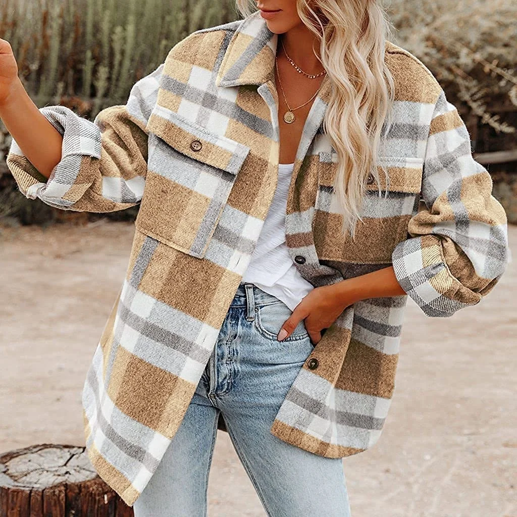 Women's 2022 Pattern Printed Shirt Buttom Long Sleeve Tops Autumn Winter New Plaid Button Shirt Flannel Coat