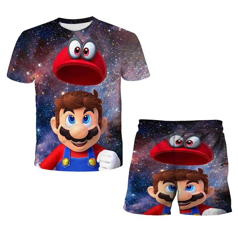 

New 3D Printing O-Neck Sportswear Mario Suit Summer Kids Baby Boy Girl T-Shirt Fashion Sportswear T-Shirt + Pants 2-Piece Set