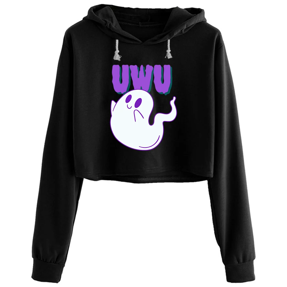 

Uwu Ghost Crop Hoodies Women Aesthetic Kpop Korean Y2k Pullover For Girls