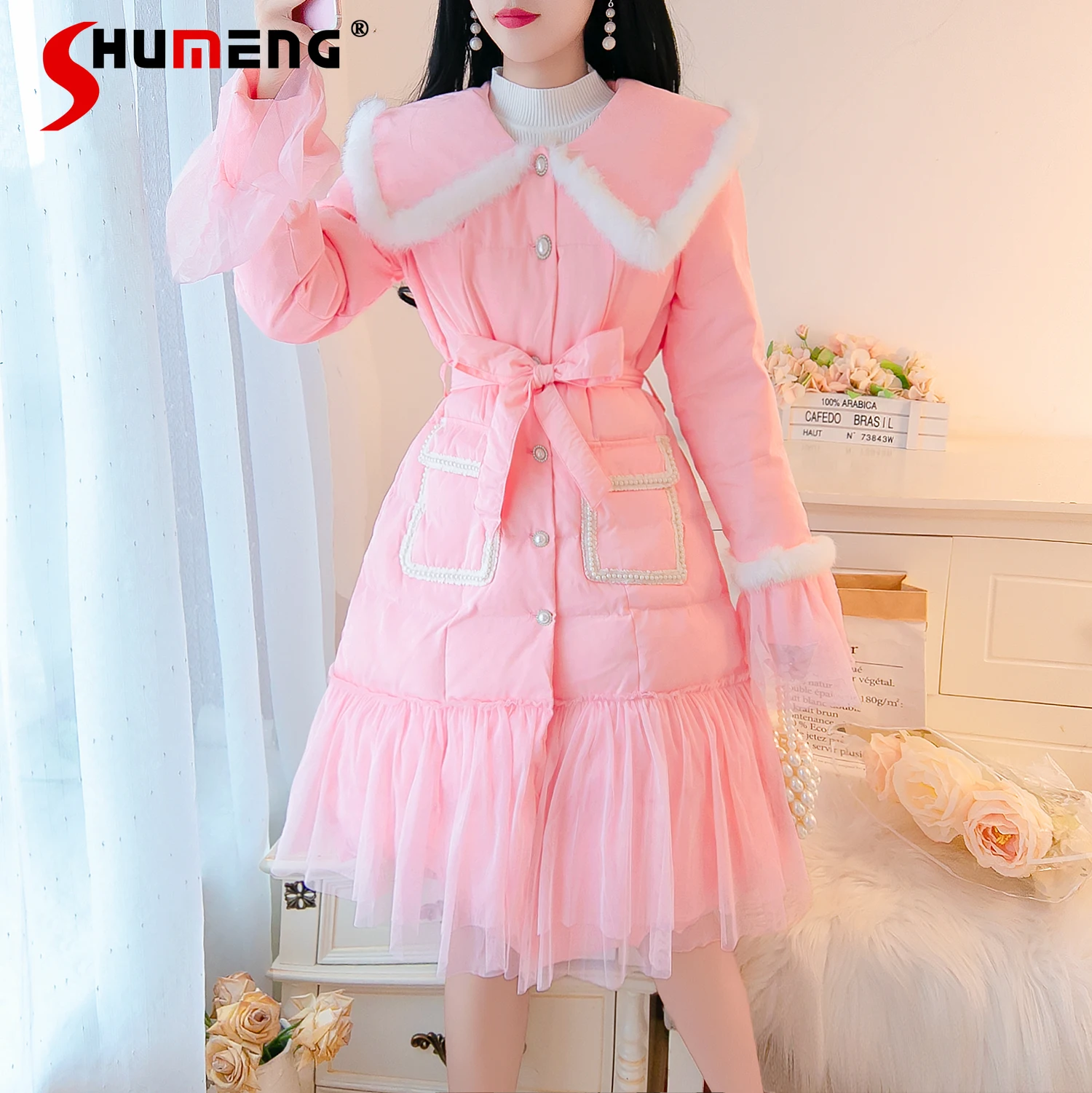 

Женское зимнее пуховое пальто средней длины, простая однотонная теплая парка с воротником «Питер Пэн», 2021