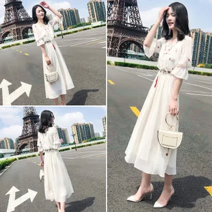 

White chiffon embroidered dress new summer French fairy niche retro v-neck a-line dressWhite chiffon embroidered dress v-neck