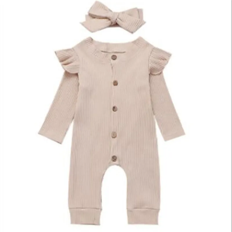 

Infant Jumpsuit Two-piece Set Round Collar Newborn Toddler Long Sleeve Solid Color Girls Jumpsuit Climb Soft Romper+Headband