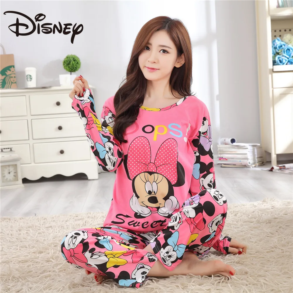 

Disney Mickey mouse Spring autumn lady long-sleeved pajamas set women sleepwear cartoon minnie female home clothing nightgowns