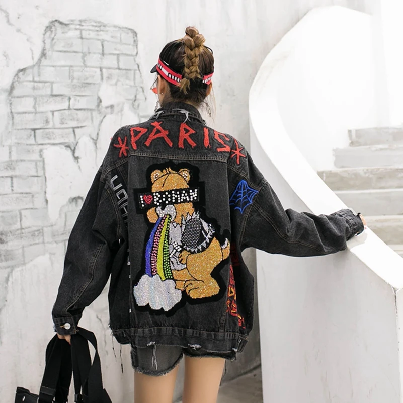 SexeMara модная новинка свободная джинсовая куртка с бусинами и надписями