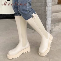 meotina genuine leather riding boots women shoes knee high flat boot round toe platform slip on ladies footwear autumn winter 40