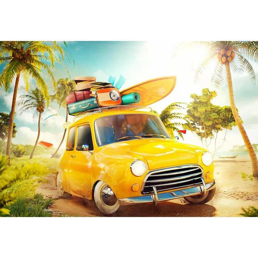 

7x5ft Summer Holiday Travel Car Palm Tree Sea Beach Custom Photo Studio Background Backdrop Vinyl Banner 220cm x 150cm