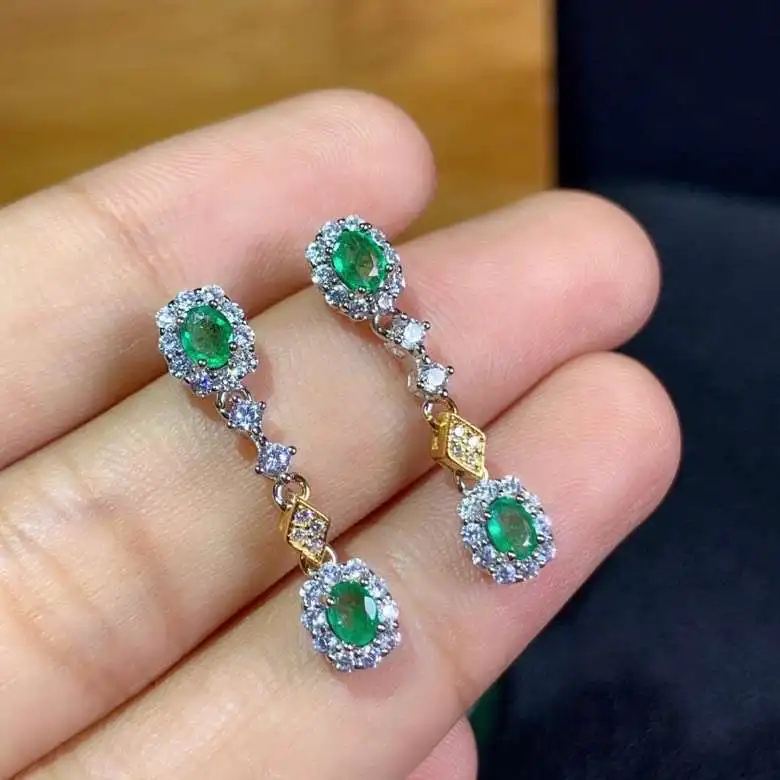 

Luxurious Retro long line natural green Emerald drop earrings S925 silver natural gemstone earrings women party gift jewelry