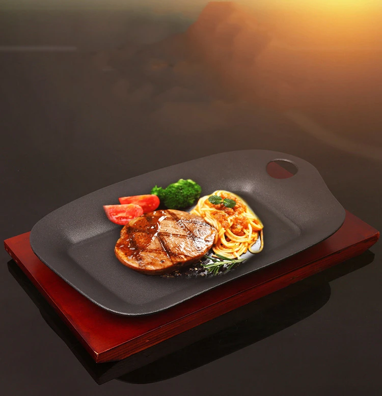 

Cast Iron Roasting Steak Pan Non Stick Roast Enamel Fried Pot Plate Frying Pan Wooden Base Holder Cookware Gas Oven Electric