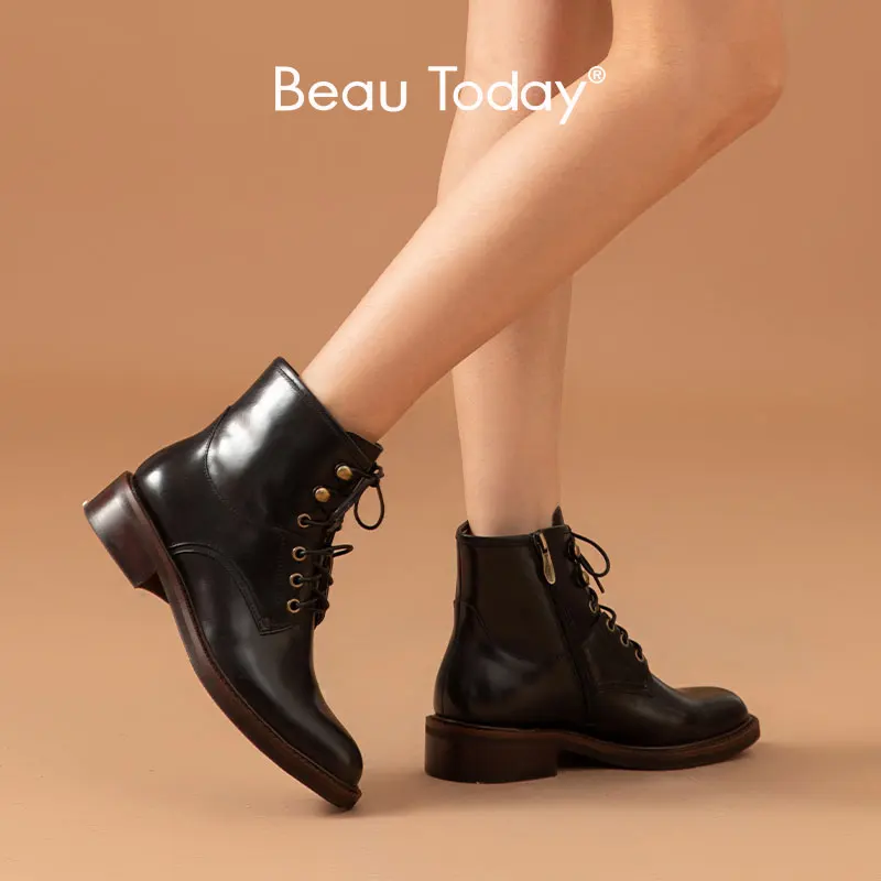 

BeauToday Ankle Boots Women Cow Leather Waxing Round Toe Wrap Lace Up Side Zipper Autumn Lady Shoes Handmade 03845