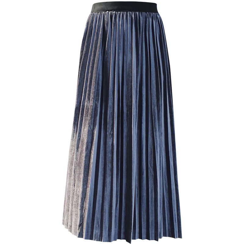 

2020 Autumn New High Waist Long Skirt lady Pleated Velvet pleuche Solid Color skinny Elastic women casual mid calf Skirt