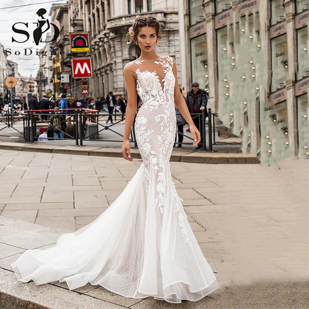 

SoDigne Boho Wedding Dresses Mermaid Lace Vintage Wedding Gown Vestido De Novia Custom Made Luxury Backless Bridal Dress