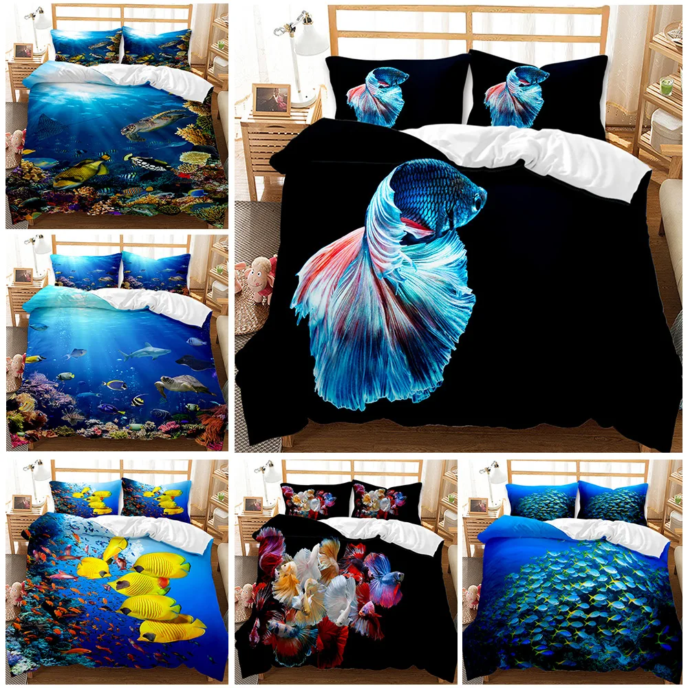 

3pcs Blue sea bedding set single size quilt covers colorful clown fish duvet cover set for boys girls Full Queen bedsheets