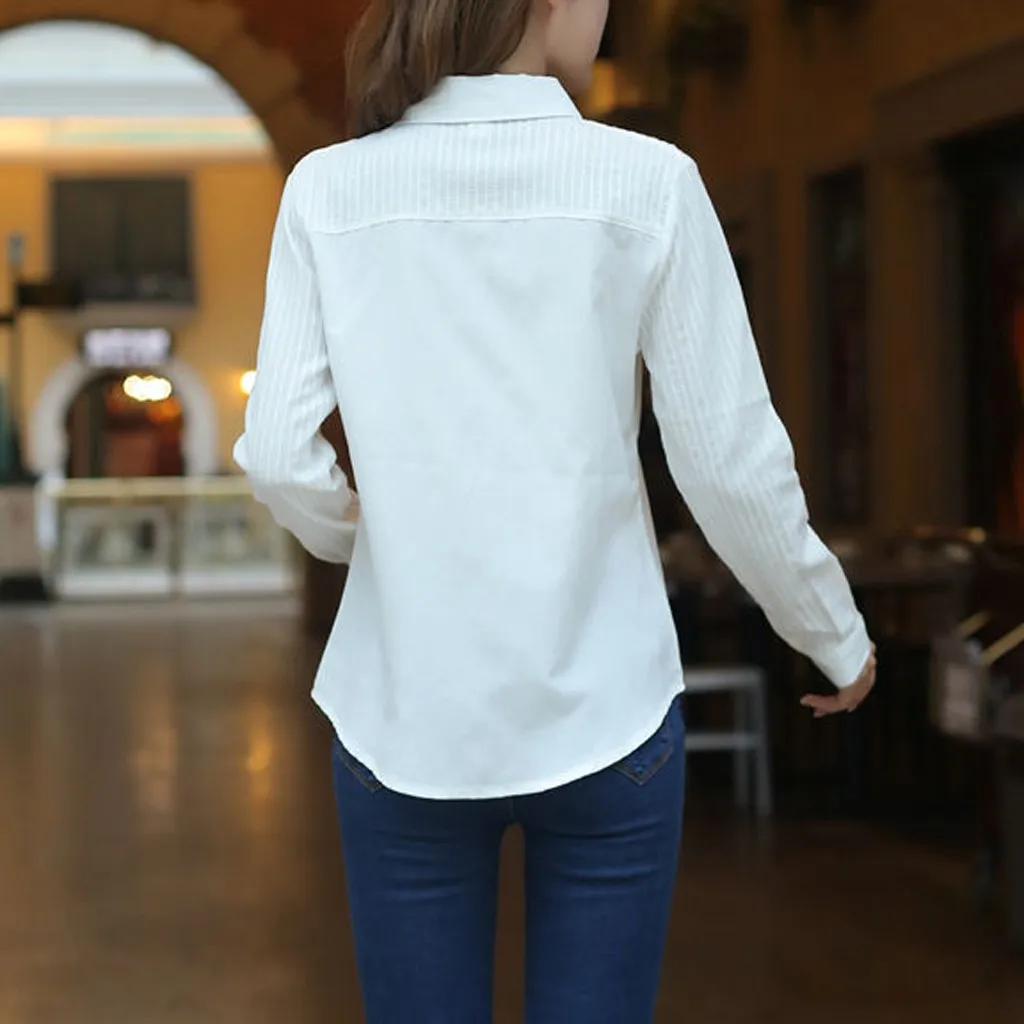 Рубашка блузка женская Blusas Chemisier Femme модная женская деловая рубашка с отворотом полосатая Повседневная белая блузка с длинным рукавом OY40