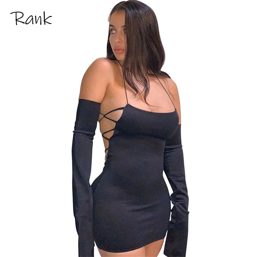 

Solid Black Mini Dress Women 2021 Summer Halter Bandage Backless Sleeve Bodycon Skirt Dress Sexy Party Streetwear Female Outfit
