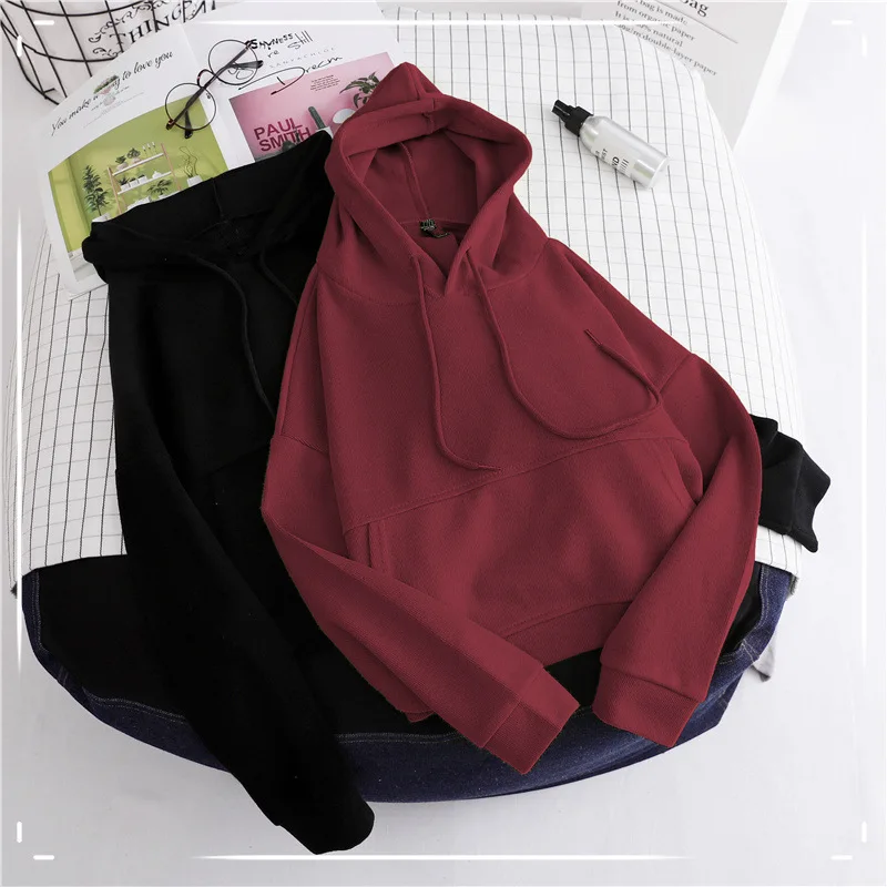 

2021 Autumn Winter New Korean version Loose Thicken Plus velvet coat Hoodie Pullover Woman Spring and Autumn Thin Hoodie