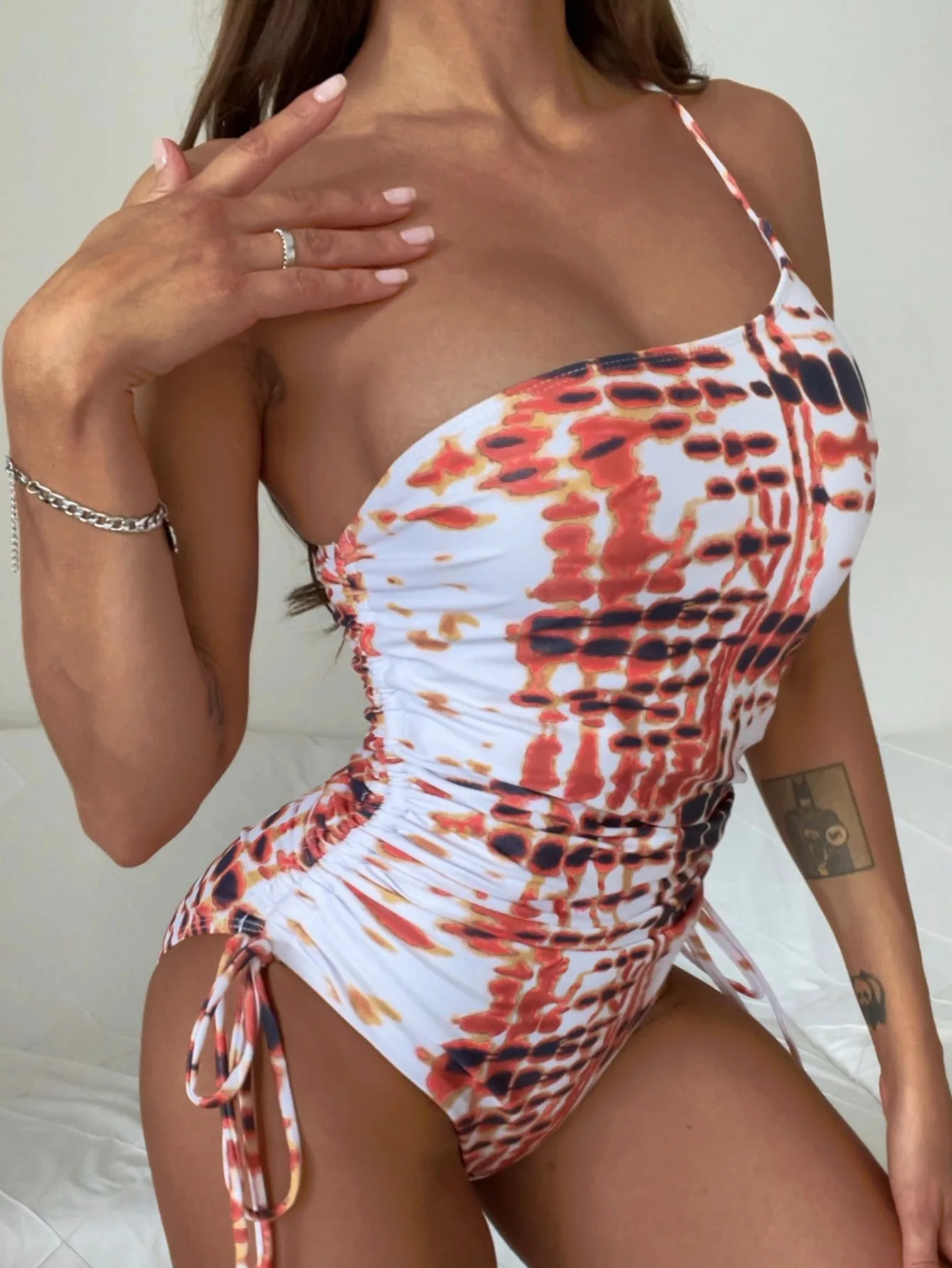 

Ins One Shoulder Irregular Print Slim Backless Swimsuit Sexy Beach One Piece Lace Up Bikini Women 2022 Women's Swimwear 2022