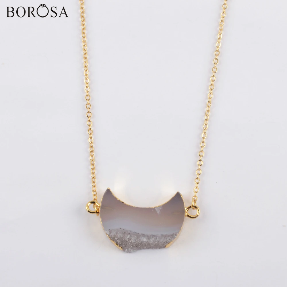 

BOROSA 5/10Pcs Fashion Crescent Natural Agates Druzy Connector Gold Pendant Necklace Agates Slice Druzy Necklace Jewelry G1964-N