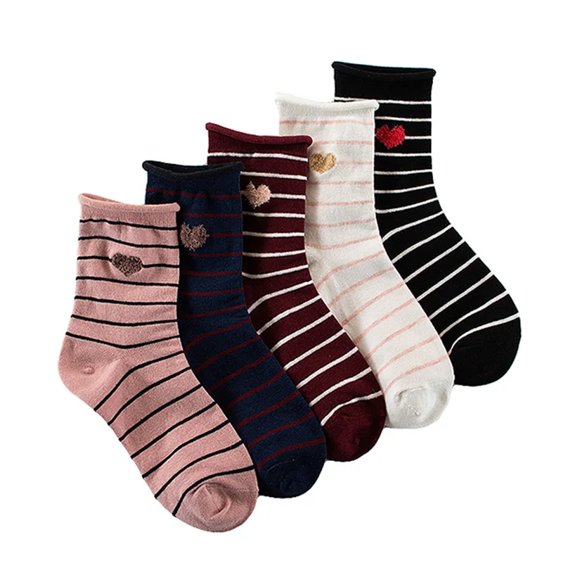 Женские хлопковые носки женские полосатые с принтом сердец милые весенние