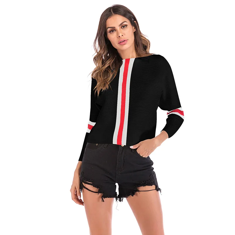 Autunm Pullovers Sweater Women Casual O-Neck Striped Knitted Loose Long Batwing Sleeve Black Printed Tops Ladies | Женская одежда