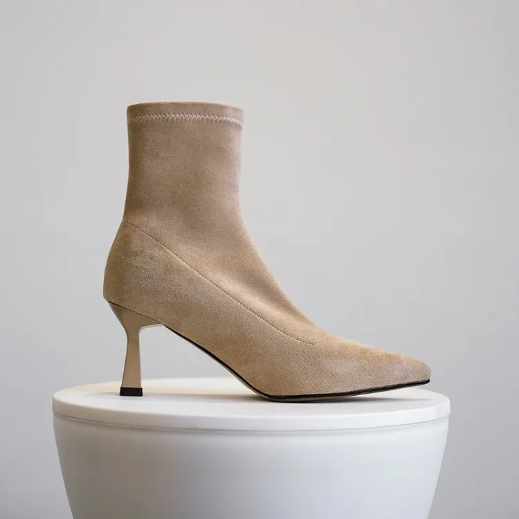 

MLJUESE 2021 women Ankle boots Flock Winter short plush Pointed Toe High heels female boots size 40