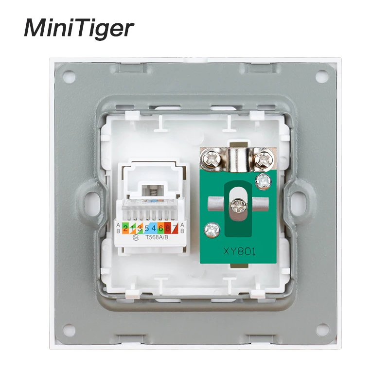 Minitiger White Luxury Crystal Glass Panel RJ45 Internet Data Computer Jack CAT5E Connector With Female TV Outlet Wall Socket |