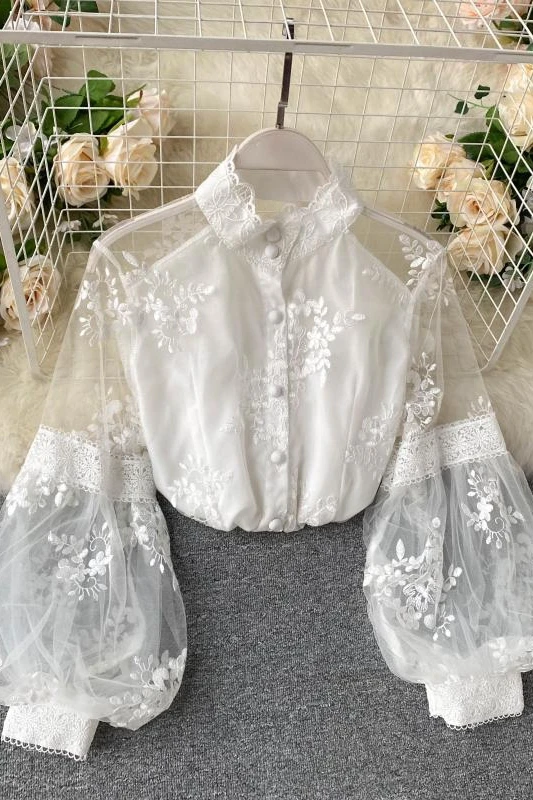 

blusas mujer de moda 2021 spring vintage mesh lace blouse women stand collar embroidery see through puff sleeve tops shirt women
