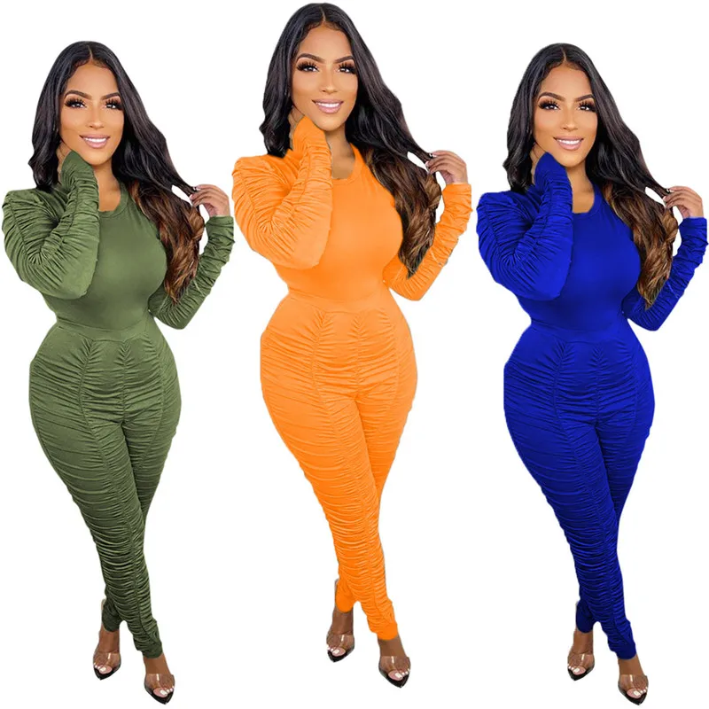 

WUHE Black Bodycon Long Sleeve O Neck Ruched Rompers Womens Jumpsuit One Piece Outfits Skinny Street Style