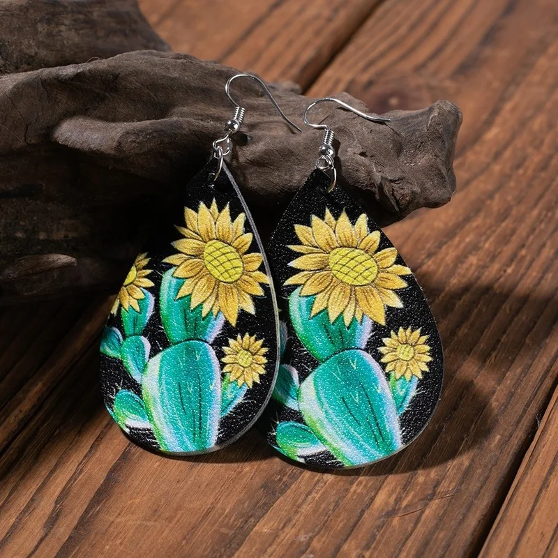 

2021 Wholesale New Arrival Vintage Sunflower Flower Cactus Leather Earrings Double-sided Printing Teardrop Earrings