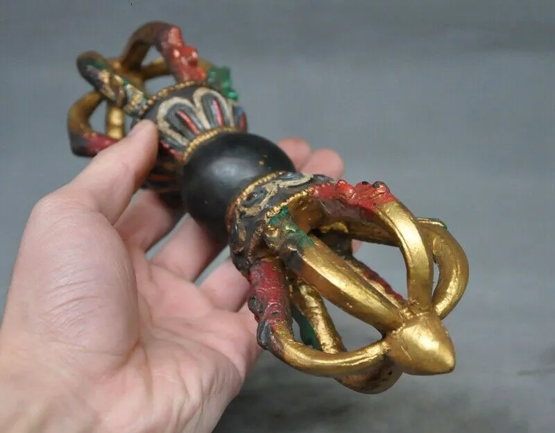 

wedding decoration 9" Tibetan Buddhism bronze Painted Dragon head Exorcism Vajra Talismans FaQi